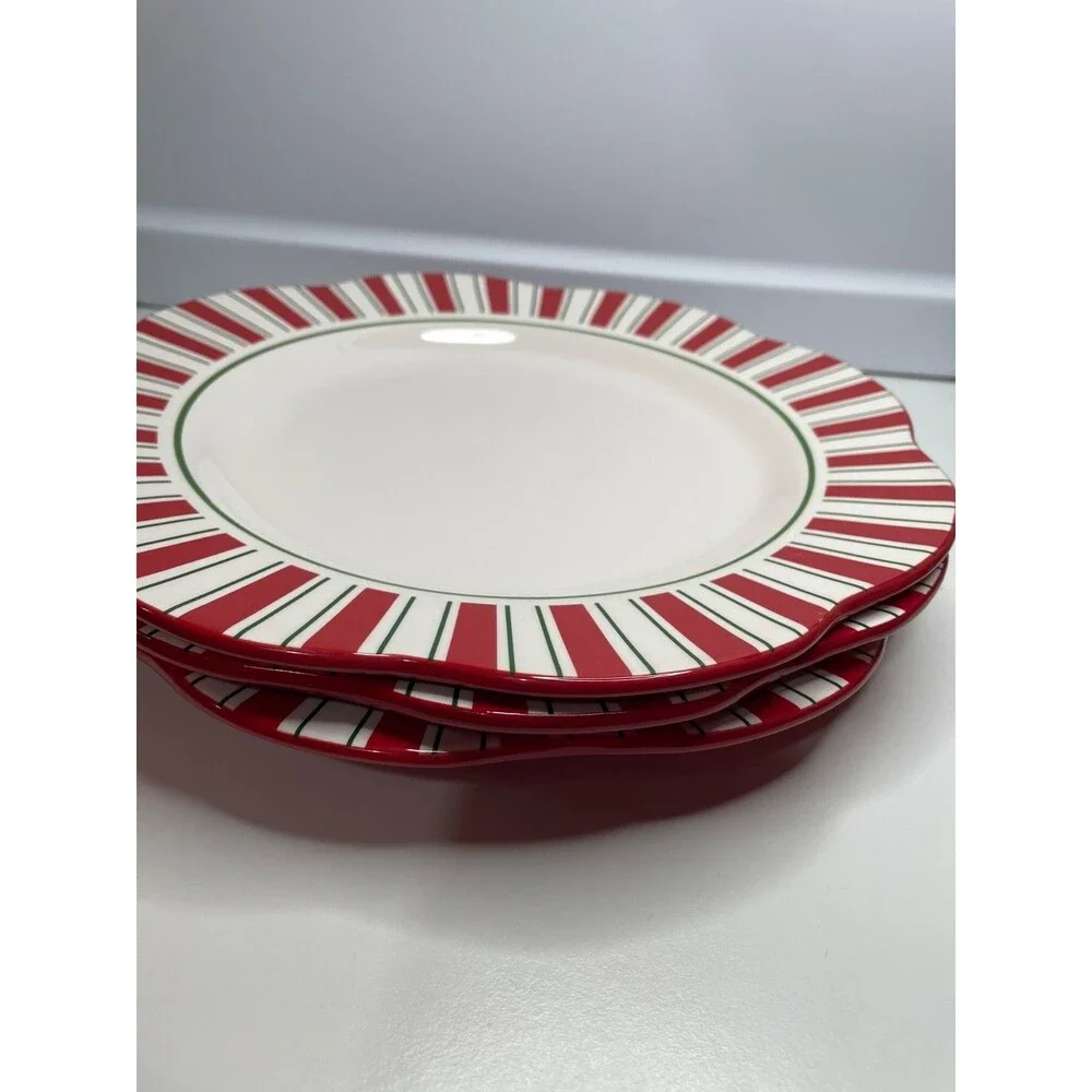 3 Pier 1 One Candy Cane 11” Dinner Plates Scalloped Edge Hand Painted Ironstone